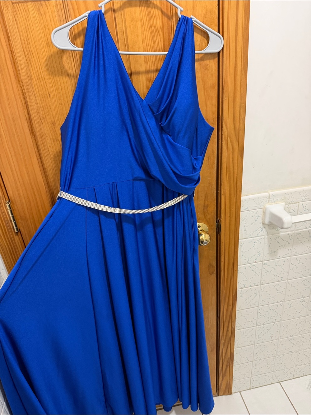 Royal Blue Sleeveless V-Neck Maxi Dress with Rhinestone Waist